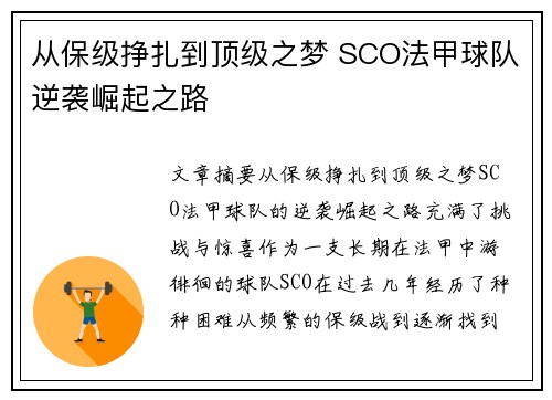 从保级挣扎到顶级之梦 SCO法甲球队逆袭崛起之路
