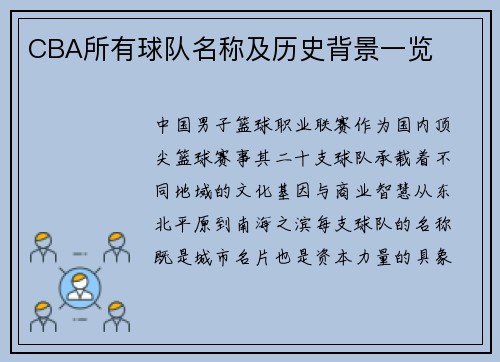 CBA所有球队名称及历史背景一览